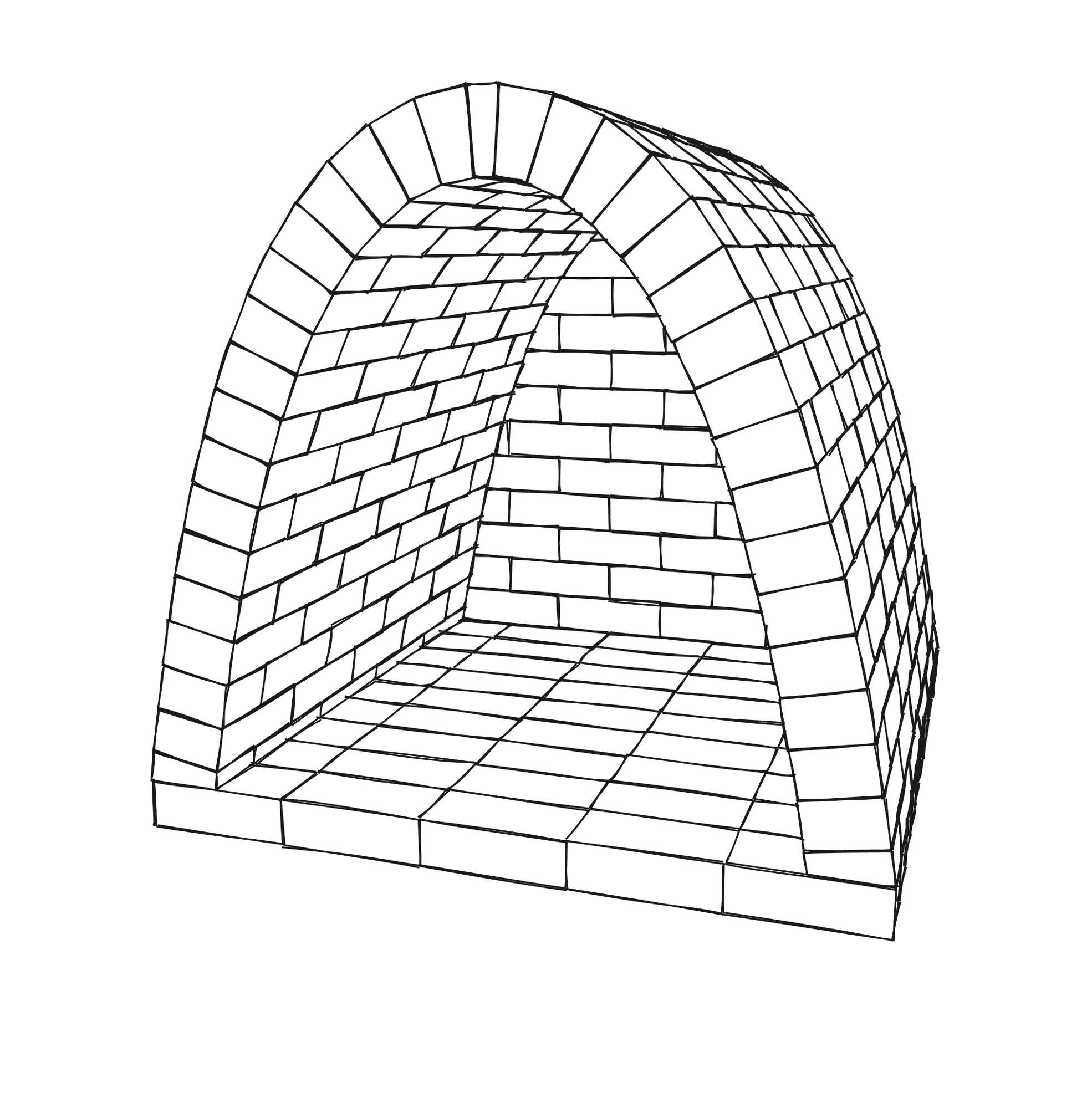 Cutaway line drawing of a catenary-arch brick kiln, showing the brick courses inside